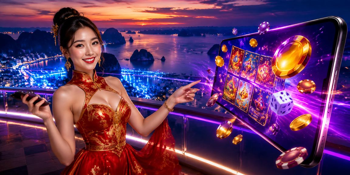 Người dùng chơi casino trên điện thoại với khung cảnh vịnh Hạ Long về đêm